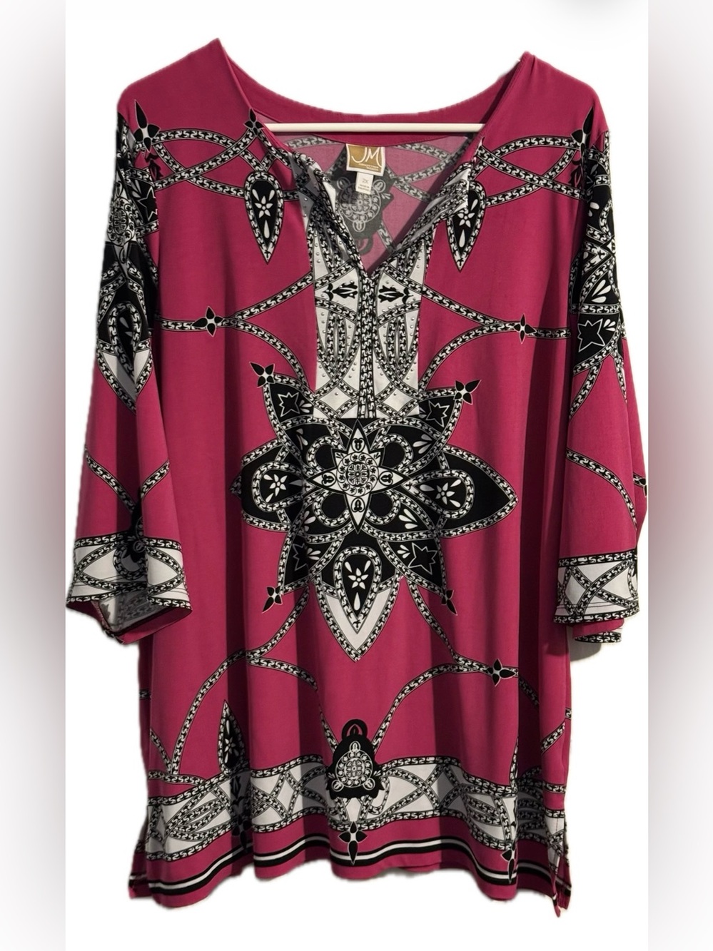 JM Collection Boho Medallion Tunic Top Fuchsia Pink Black Plus Size 2X